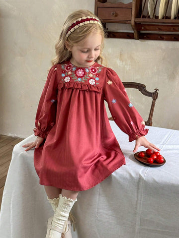 Young Girl Chiffon Ditsy Floral Round Neck Bubble Hem Casual Dress