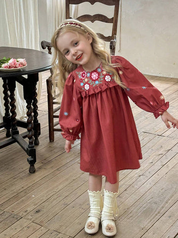 Young Girl Chiffon Ditsy Floral Round Neck Bubble Hem Casual Dress