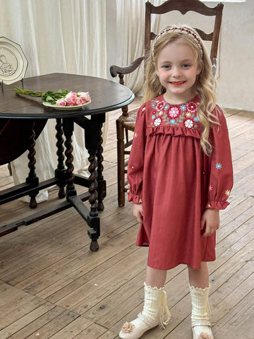 Young Girl Chiffon Ditsy Floral Round Neck Bubble Hem Casual Dress