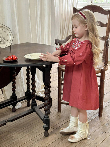 Young Girl Chiffon Ditsy Floral Round Neck Bubble Hem Casual Dress