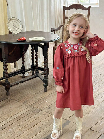 Young Girl Chiffon Ditsy Floral Round Neck Bubble Hem Casual Dress