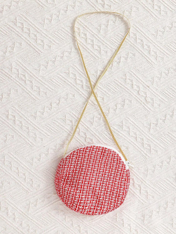 Young Girl Christmas Elegant Flared Dress With Red & White Fabric, Short Puff Sleeves, Braided Trim, Front Metallic Buttons, Contrast White Hem Panels, Round Bag Attached