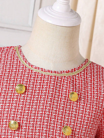 Young Girl Christmas Elegant Flared Dress With Red & White Fabric, Short Puff Sleeves, Braided Trim, Front Metallic Buttons, Contrast White Hem Panels, Round Bag Attached