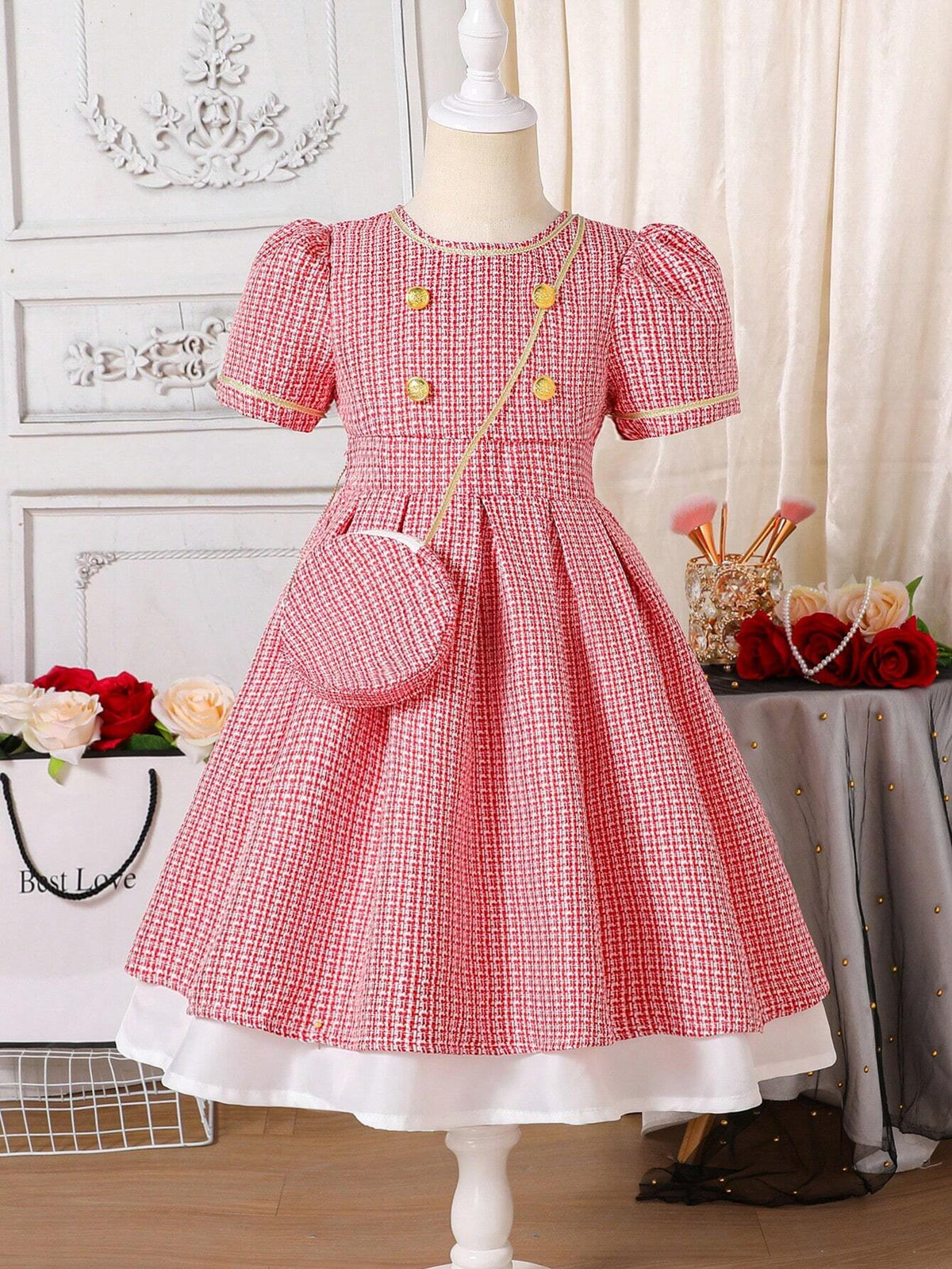 Young Girl Christmas Elegant Flared Dress With Red & White Fabric, Short Puff Sleeves, Braided Trim, Front Metallic Buttons, Contrast White Hem Panels, Round Bag Attached
