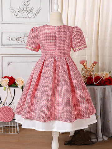 Young Girl Christmas Elegant Flared Dress With Red & White Fabric, Short Puff Sleeves, Braided Trim, Front Metallic Buttons, Contrast White Hem Panels, Round Bag Attached