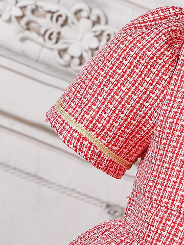 Young Girl Christmas Elegant Flared Dress With Red & White Fabric, Short Puff Sleeves, Braided Trim, Front Metallic Buttons, Contrast White Hem Panels, Round Bag Attached