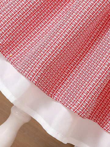 Young Girl Christmas Elegant Flared Dress With Red & White Fabric, Short Puff Sleeves, Braided Trim, Front Metallic Buttons, Contrast White Hem Panels, Round Bag Attached