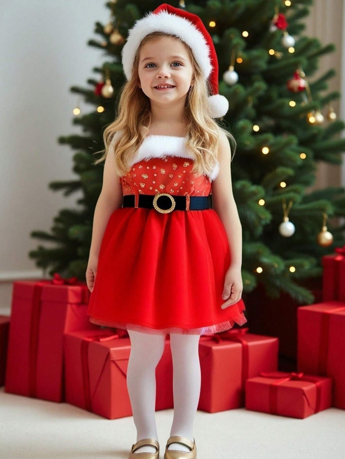 Young Girl Christmas Furry Edge Bandeau Casual Dress, Suitable For Autumn/Winter