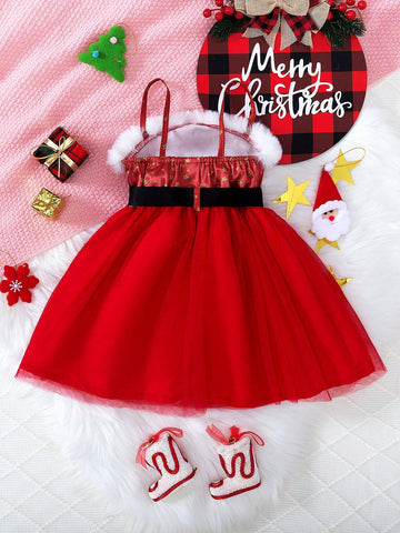 Young Girl Christmas Furry Edge Bandeau Casual Dress, Suitable For Autumn/Winter