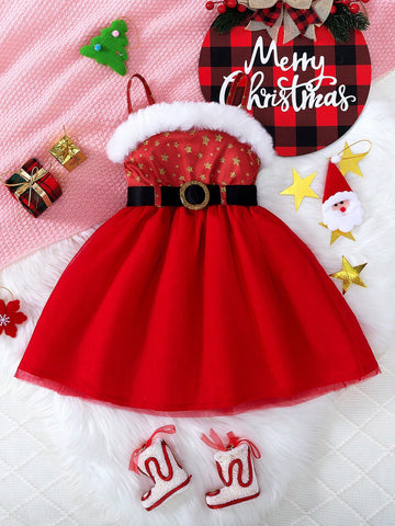 Young Girl Christmas Furry Edge Bandeau Casual Dress, Suitable For Autumn/Winter
