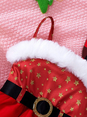 Young Girl Christmas Furry Edge Bandeau Casual Dress, Suitable For Autumn/Winter