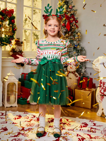 Young Girl' Christmas Print Contrast Mesh Bow-Tie Waist Casual Dress, Fashionable & Cute, Suitable For Holiday Parties, Fit For Autumn & Winter