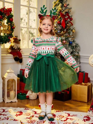 Young Girl' Christmas Print Contrast Mesh Bow-Tie Waist Casual Dress, Fashionable & Cute, Suitable For Holiday Parties, Fit For Autumn & Winter