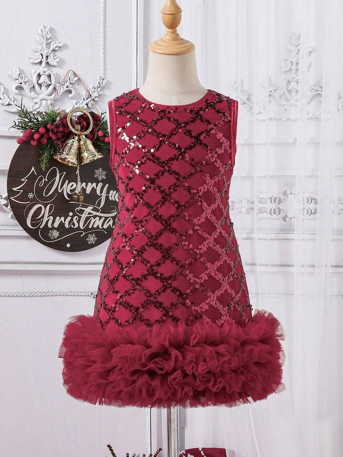 Young Girl Christmas Summer Sequin Plaid Mesh Hem Crew Neck Sleeveless Luxury Dress