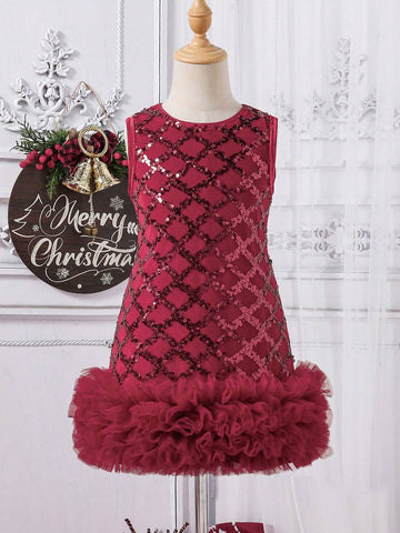 Young Girl Christmas Summer Sequin Plaid Mesh Hem Crew Neck Sleeveless Luxury Dress