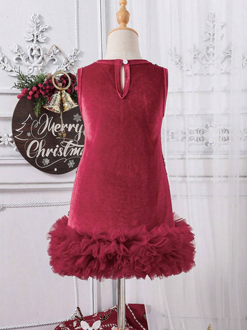 Young Girl Christmas Summer Sequin Plaid Mesh Hem Crew Neck Sleeveless Luxury Dress