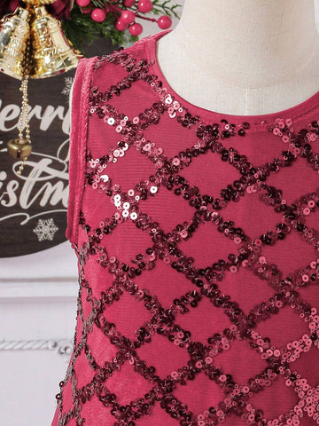 Young Girl Christmas Summer Sequin Plaid Mesh Hem Crew Neck Sleeveless Luxury Dress