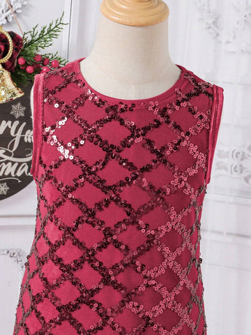 Young Girl Christmas Summer Sequin Plaid Mesh Hem Crew Neck Sleeveless Luxury Dress