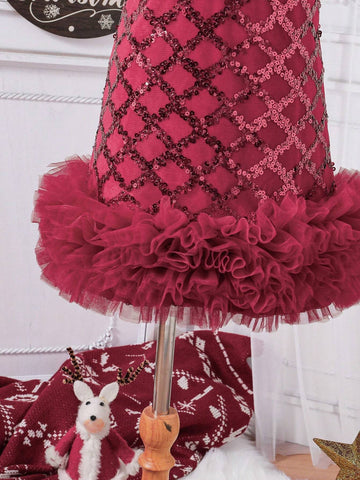 Young Girl Christmas Summer Sequin Plaid Mesh Hem Crew Neck Sleeveless Luxury Dress