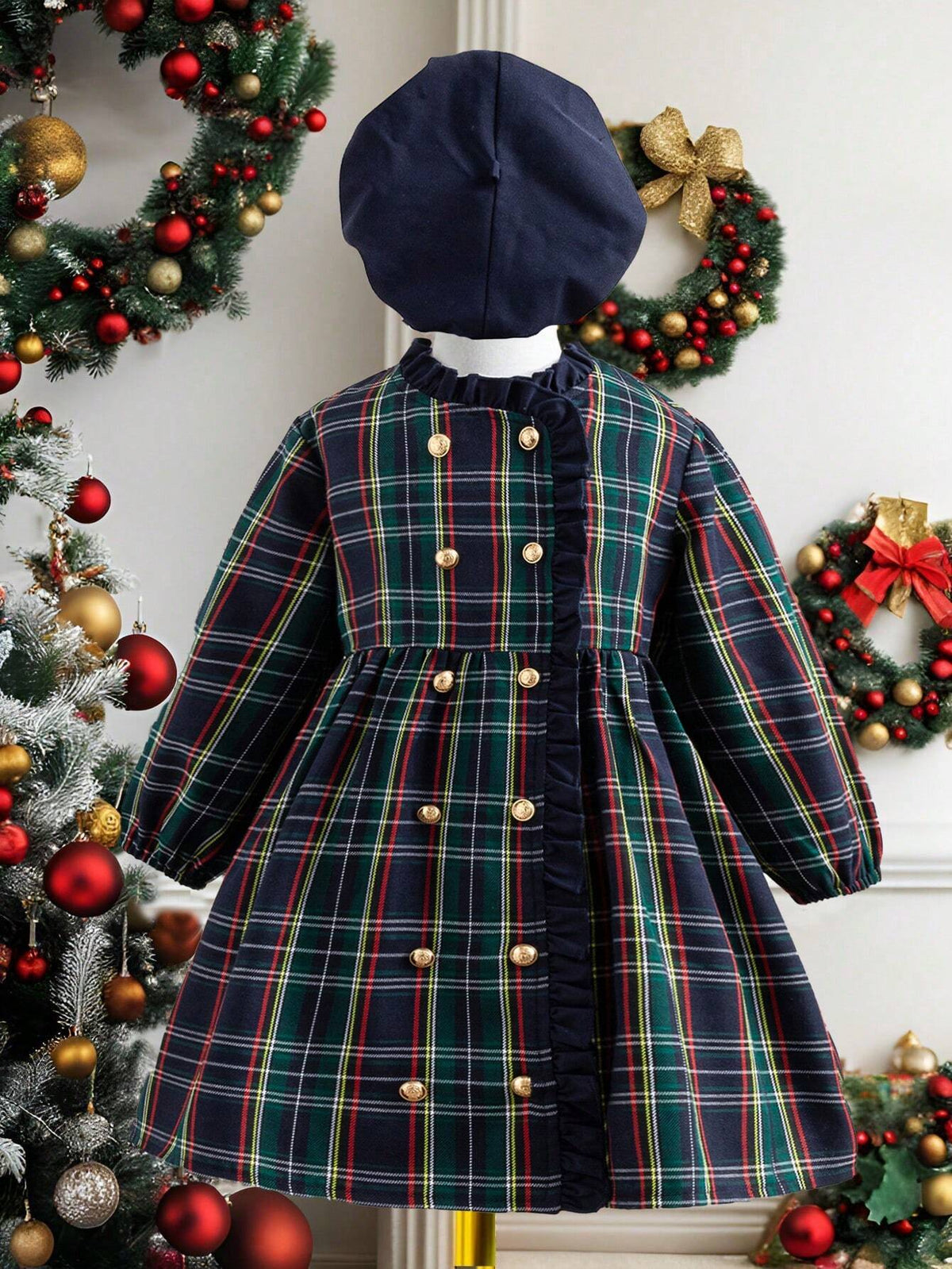 Young Girl Classic Plaid Double-Breasted Dress, With Hoodie, Stylish British School Look