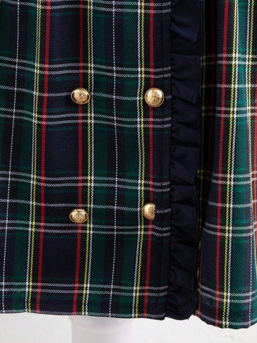 Young Girl Classic Plaid Double-Breasted Dress, With Hoodie, Stylish British School Look