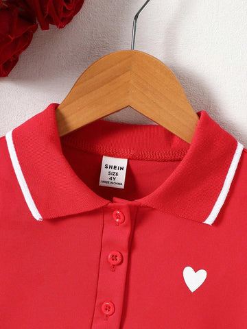 Young Girl Collar Heart Print Polo Dress
