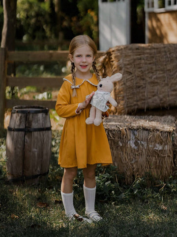 Young Girl' Collar Patchwork Ruffle Trim Mustard Casual Dress, Vintage Countryside Style For Autumn & Winter