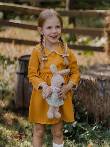 Young Girl' Collar Patchwork Ruffle Trim Mustard Casual Dress, Vintage Countryside Style For Autumn & Winter