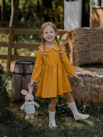 Young Girl' Collar Patchwork Ruffle Trim Mustard Casual Dress, Vintage Countryside Style For Autumn & Winter
