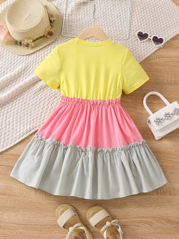 Young Girl Color Block Casual Cute A-line Dress With Round Neckline And Regular Sleeves For Summer