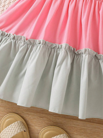 Young Girl Color Block Casual Cute A-line Dress With Round Neckline And Regular Sleeves For Summer