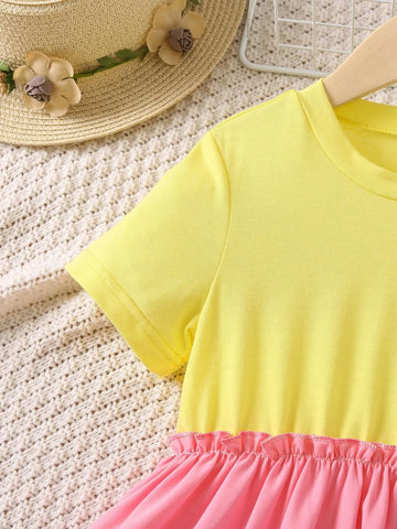 Young Girl Color Block Casual Cute A-line Dress With Round Neckline And Regular Sleeves For Summer