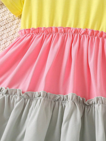 Young Girl Color Block Casual Cute A-line Dress With Round Neckline And Regular Sleeves For Summer