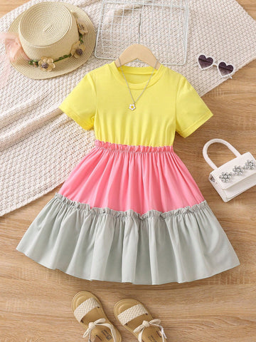 Young Girl Color Block Casual Cute A-line Dress With Round Neckline And Regular Sleeves For Summer