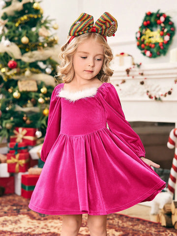 Young Girl Color Block Knitted Puff Sleeve Casual Dress