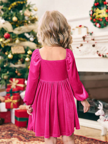 Young Girl Color Block Knitted Puff Sleeve Casual Dress