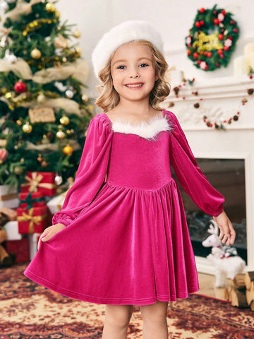 Young Girl Color Block Knitted Puff Sleeve Casual Dress