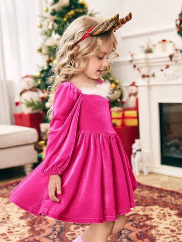 Young Girl Color Block Knitted Puff Sleeve Casual Dress