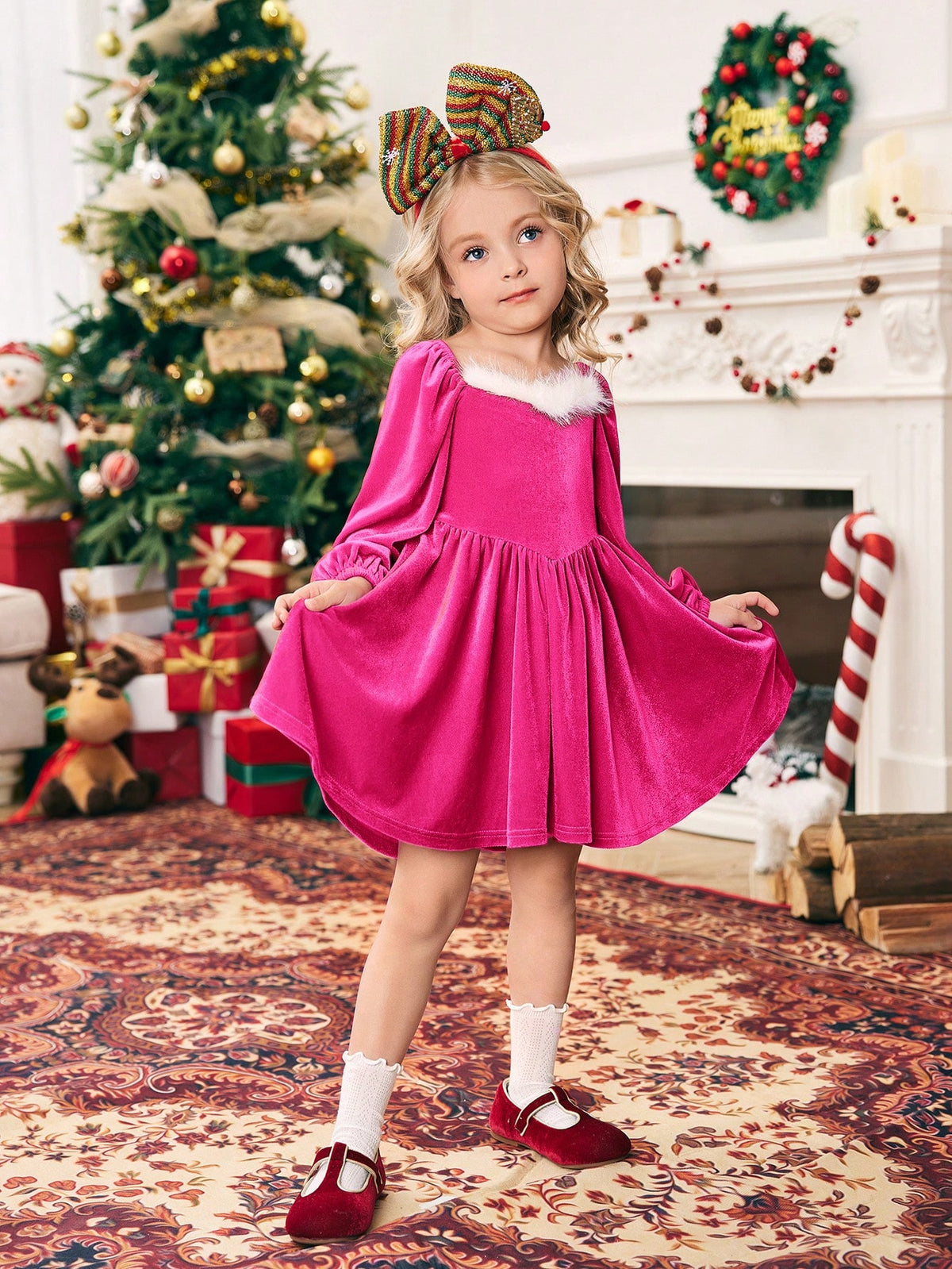 Young Girl Color Block Knitted Puff Sleeve Casual Dress