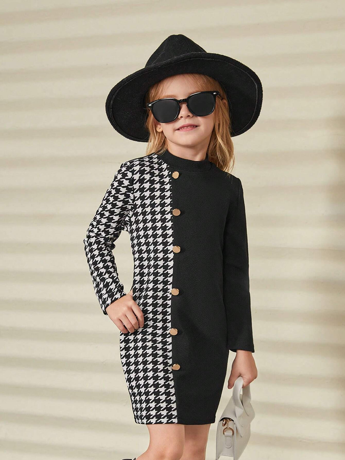 Young Girl Color Block Plaid Pattern Collared Bodycon Casual Knit Dress