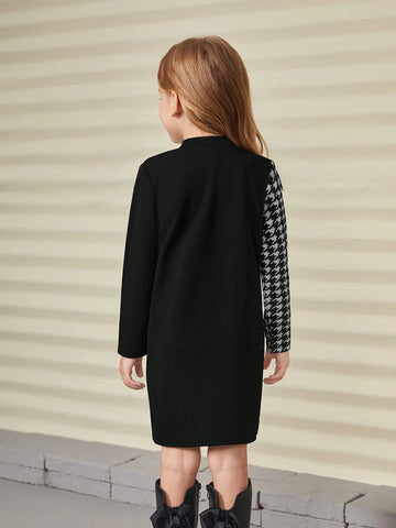 Young Girl Color Block Plaid Pattern Collared Bodycon Casual Knit Dress