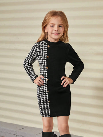 Young Girl Color Block Plaid Pattern Collared Bodycon Casual Knit Dress