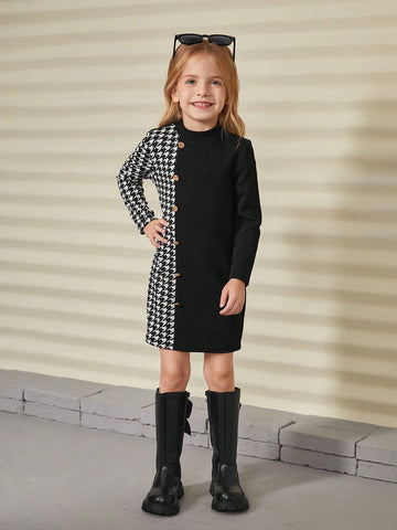 Young Girl Color Block Plaid Pattern Collared Bodycon Casual Knit Dress