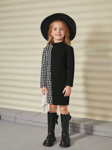 Young Girl Color Block Plaid Pattern Collared Bodycon Casual Knit Dress