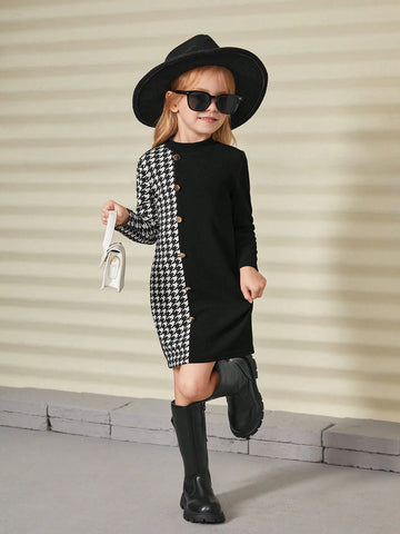 Young Girl Color Block Plaid Pattern Collared Bodycon Casual Knit Dress