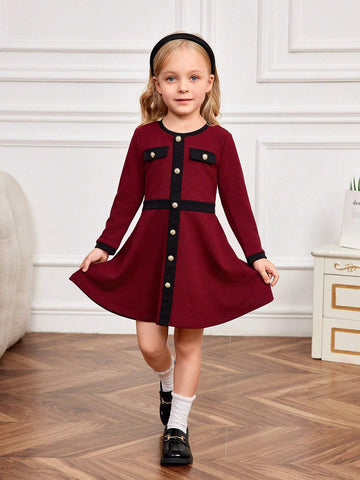 Young Girl Color Block Round Neck Fitted Casual Knit Dress
