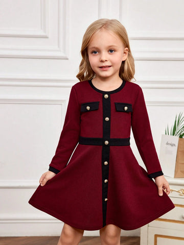 Young Girl Color Block Round Neck Fitted Casual Knit Dress