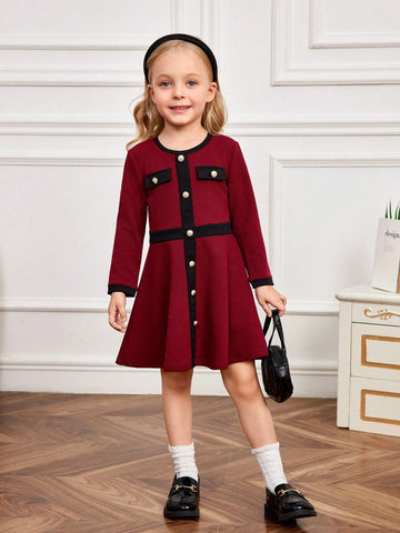 Young Girl Color Block Round Neck Fitted Casual Knit Dress