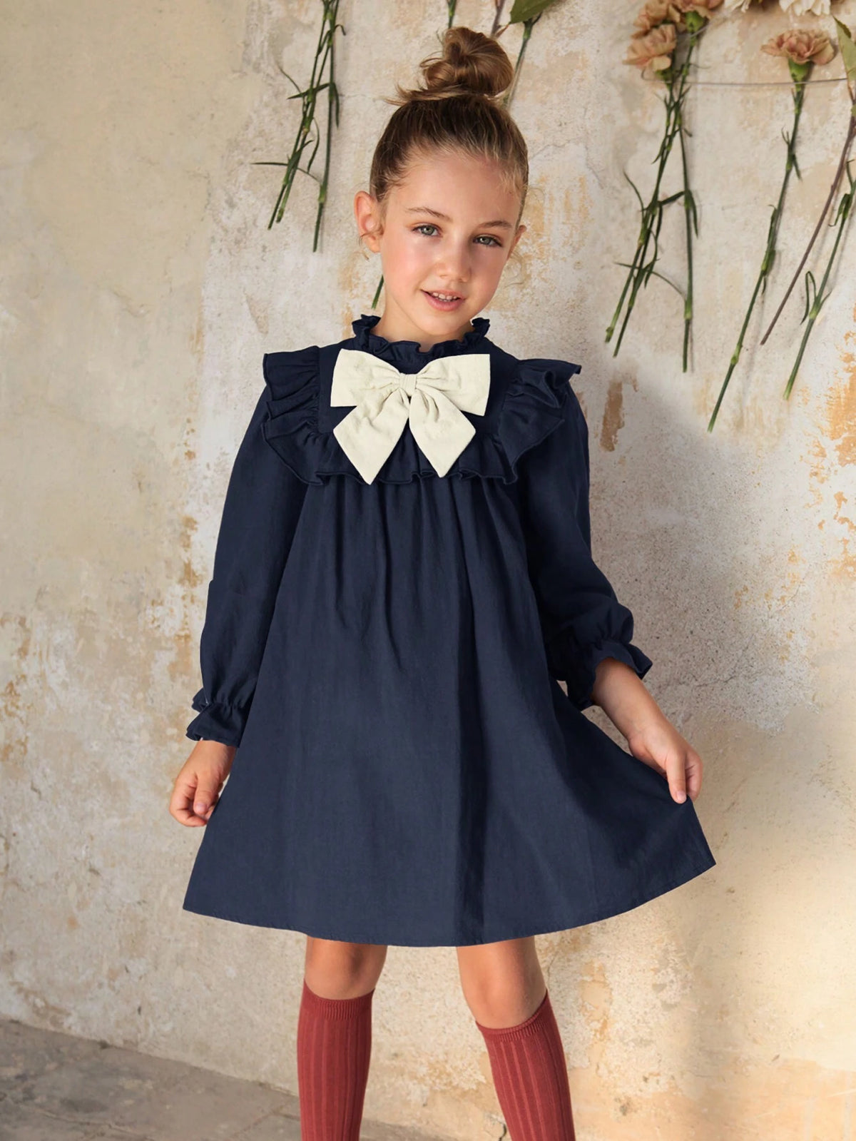 Young Girl Colorblock Bow Decor Long Sleeve Ruffle Hem Loose Fit Dress