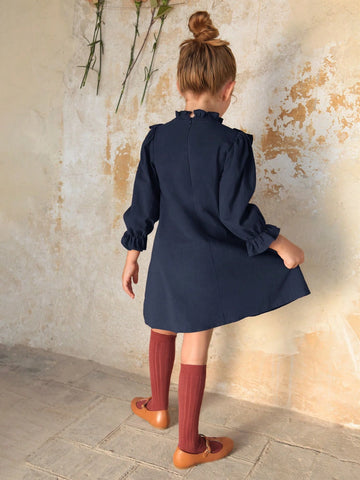 Young Girl Colorblock Bow Decor Long Sleeve Ruffle Hem Loose Fit Dress